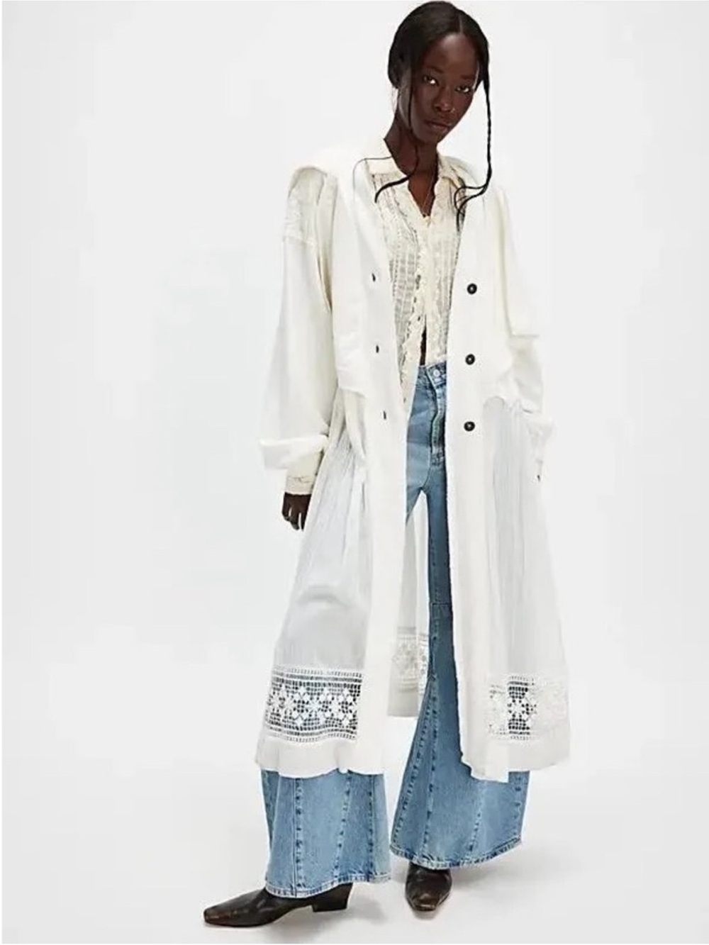 FREE PEOPLE ETHEREAL FLORAL LACE BUTTON DOWN CARDIGAN TRENCH IN WHITE WITH HOOD